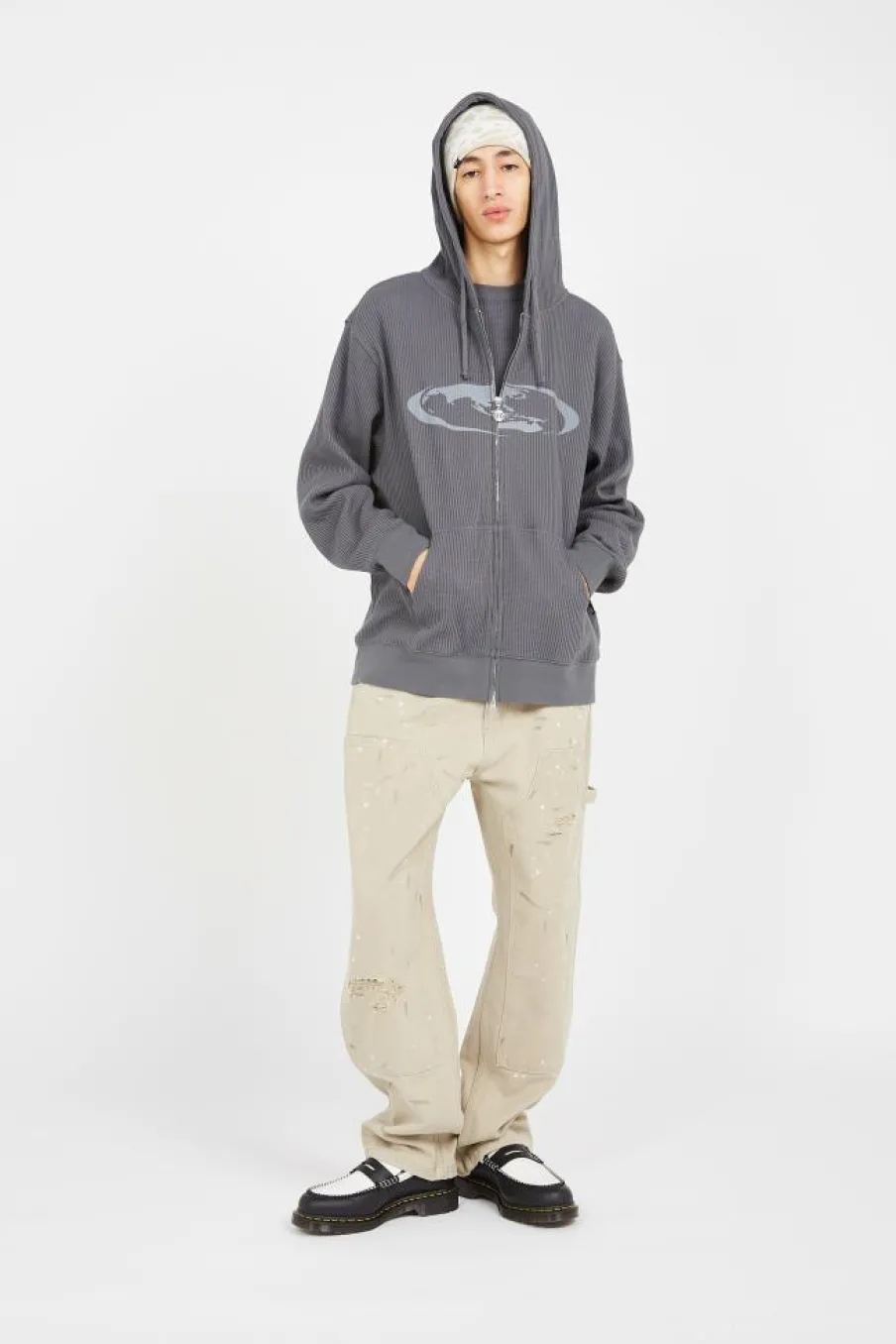 OVAL GLOBE WAFFLE ZIP-UP HOODIE - Hoodie | Gris*LOST MANAGEMENT CITIES Best