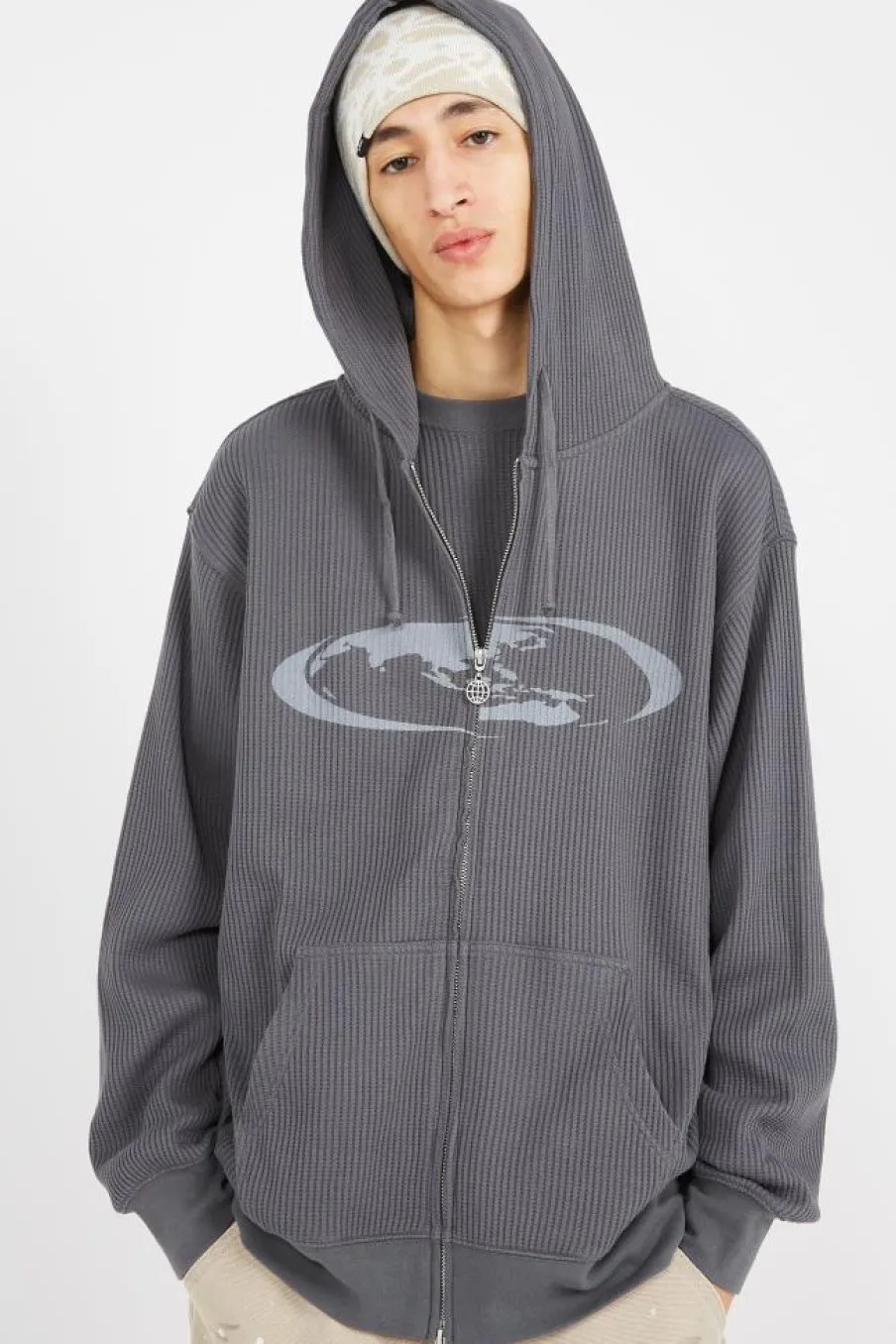 OVAL GLOBE WAFFLE ZIP-UP HOODIE - Hoodie | Gris*LOST MANAGEMENT CITIES Best